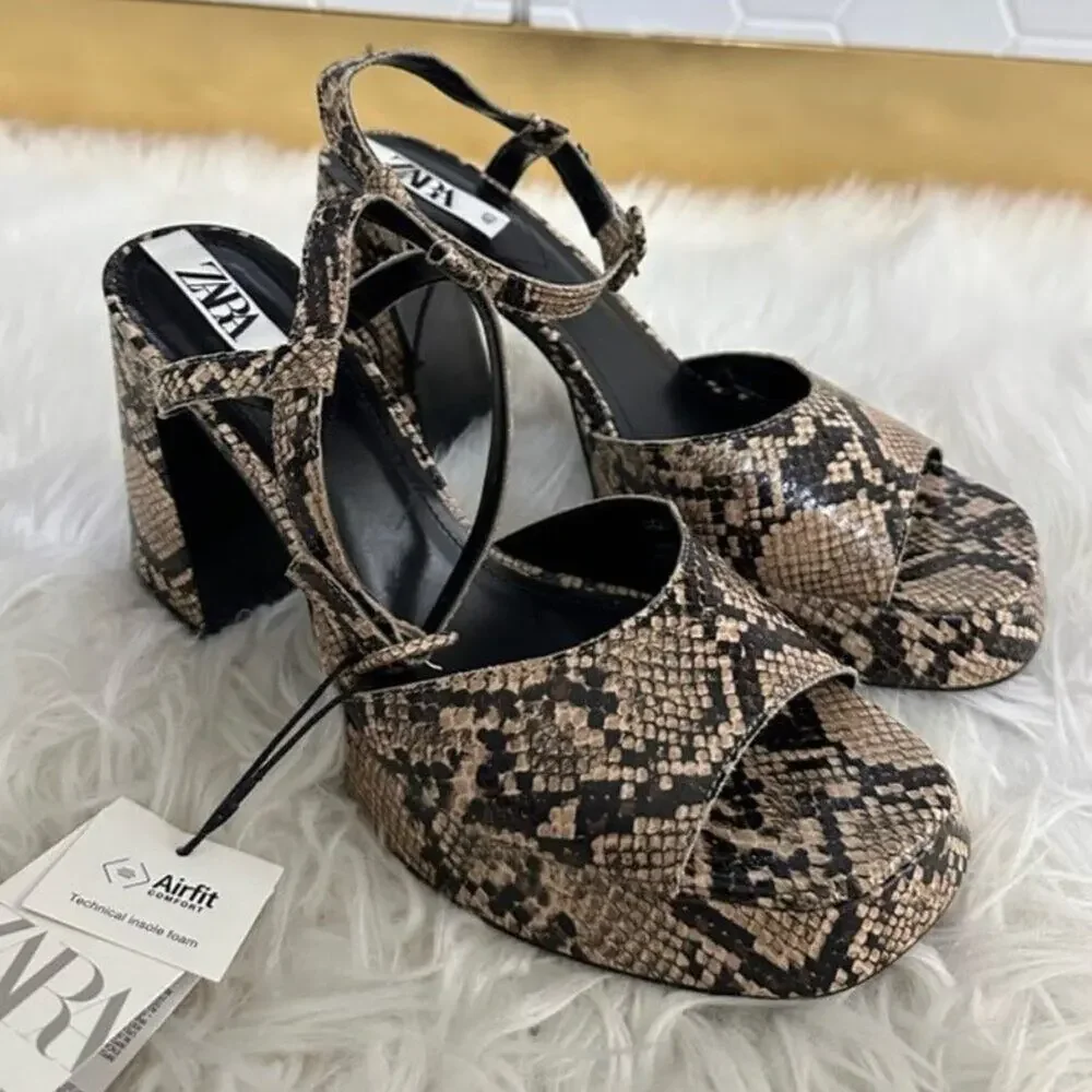 Zara NWT Snake Print Platform Block Heel Ankle Strap Sandals Size 8
